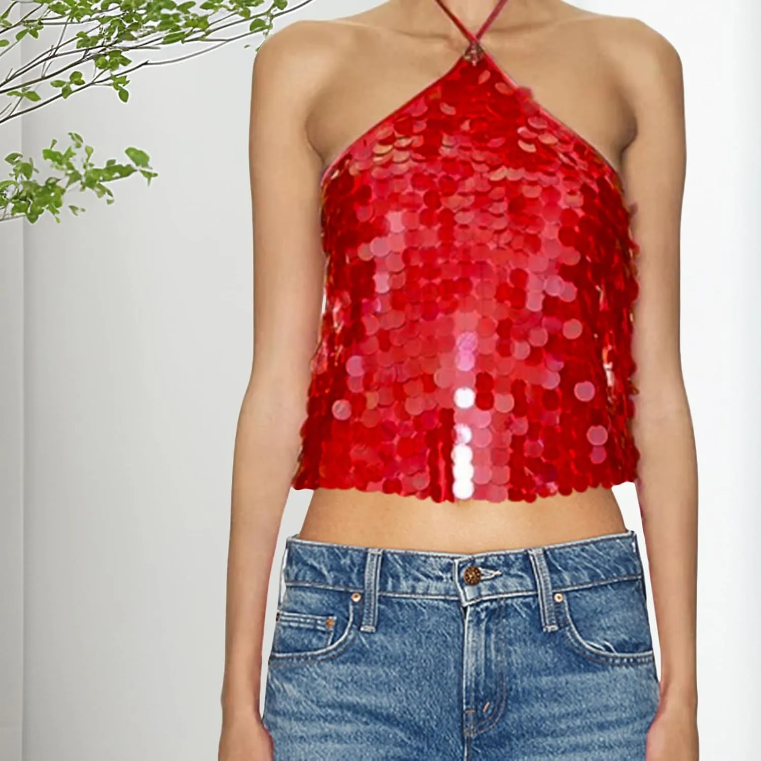 Women Y2k Sequin Tops Sleeveless Backless Spaghetti Strap Halter Top Club Party Rave Camisole