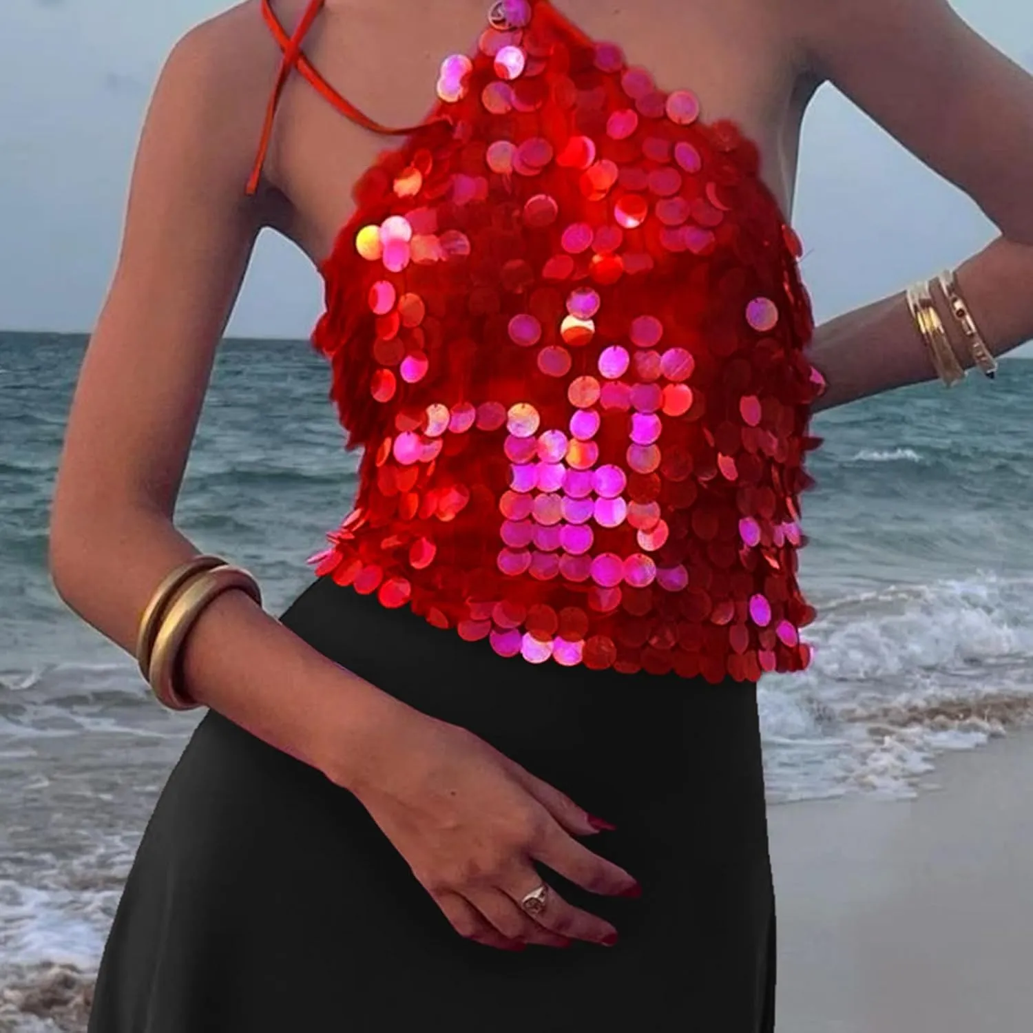 Women Y2k Sequin Tops Sleeveless Backless Spaghetti Strap Halter Top Club Party Rave Camisole