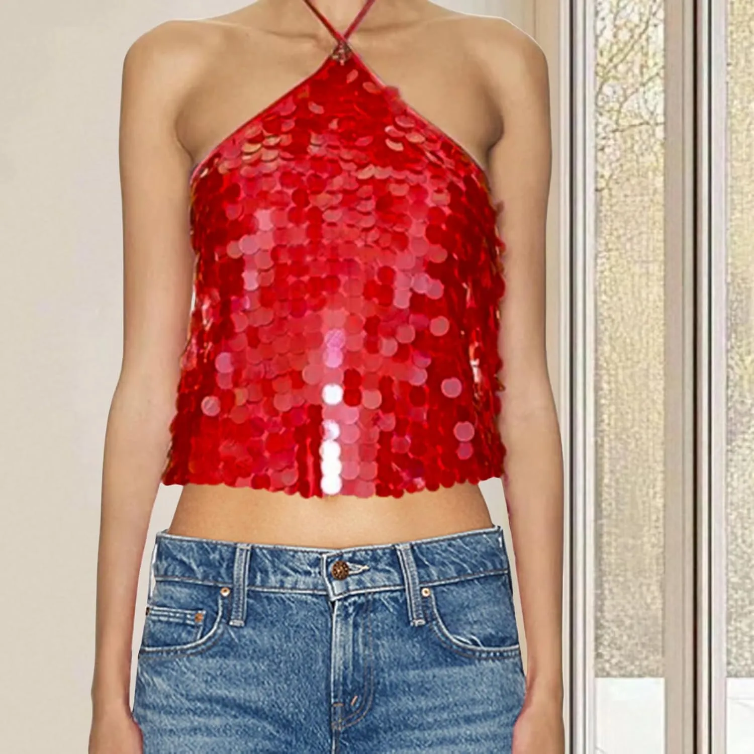Women Y2k Sequin Tops Sleeveless Backless Spaghetti Strap Halter Top Club Party Rave Camisole