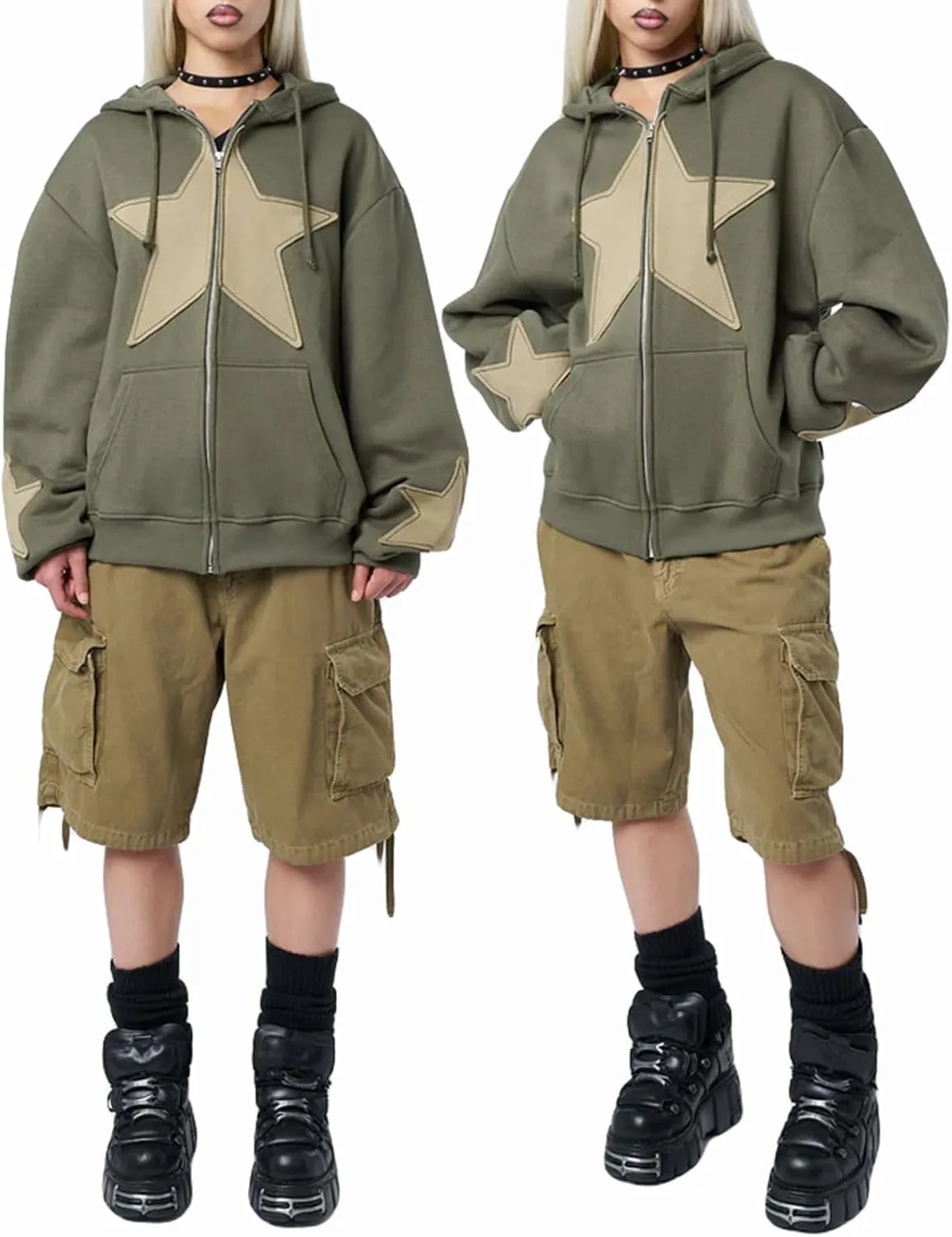 Women Y2k Zip Up Hoodies Grunge Star Graphic Jackets Hip Hop Harajuku Oversized Hooded Sweatshirt Jacket