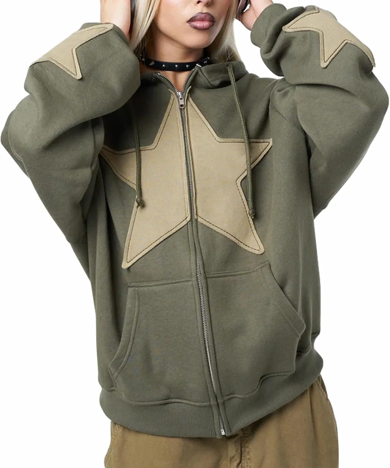 Women Y2k Zip Up Hoodies Grunge Star Graphic Jackets Hip Hop Harajuku Oversized Hooded Sweatshirt Jacket