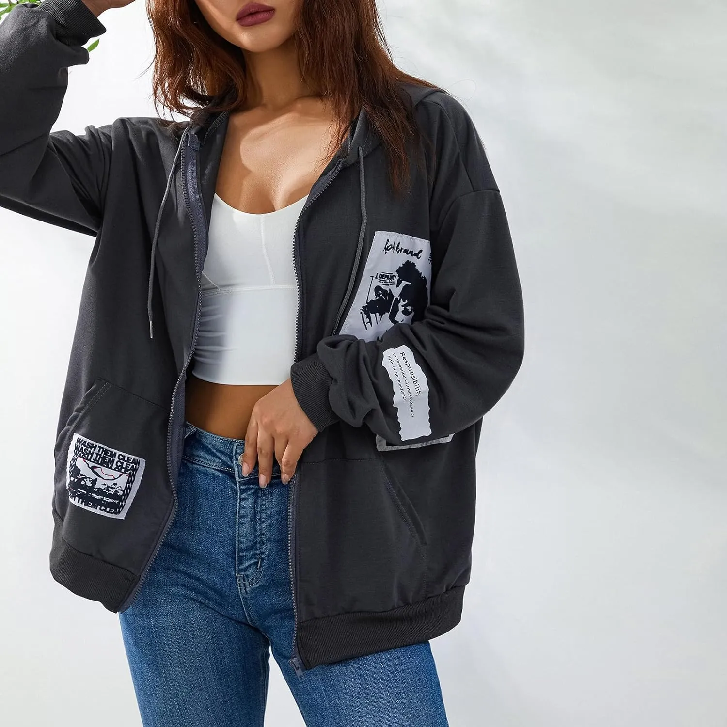 Women Zip Up Hoodie Gothic Graphic Long Sleeve Oversized Hooded Sweatshirt Hip Hop Harajuku Jackets with Pocket