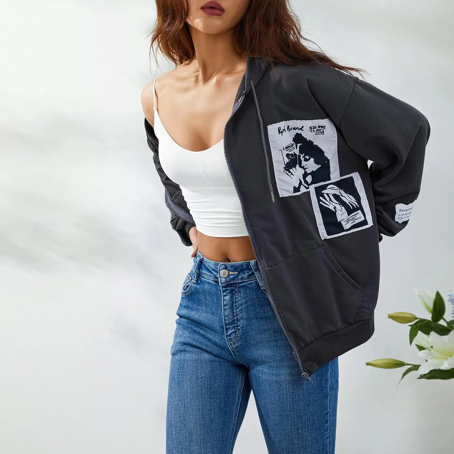 Women Zip Up Hoodie Gothic Graphic Long Sleeve Oversized Hooded Sweatshirt Hip Hop Harajuku Jackets with Pocket