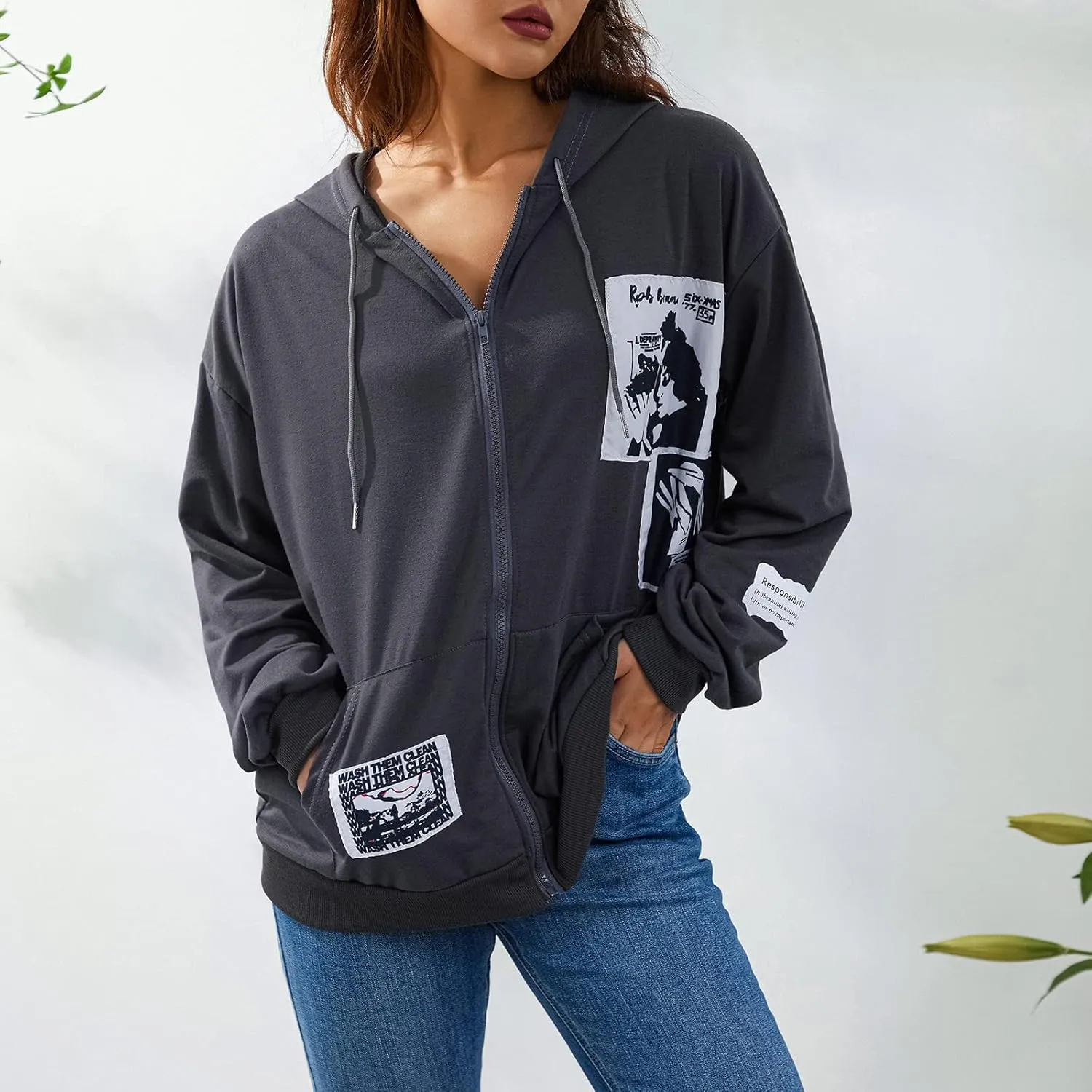 Women Zip Up Hoodie Gothic Graphic Long Sleeve Oversized Hooded Sweatshirt Hip Hop Harajuku Jackets with Pocket