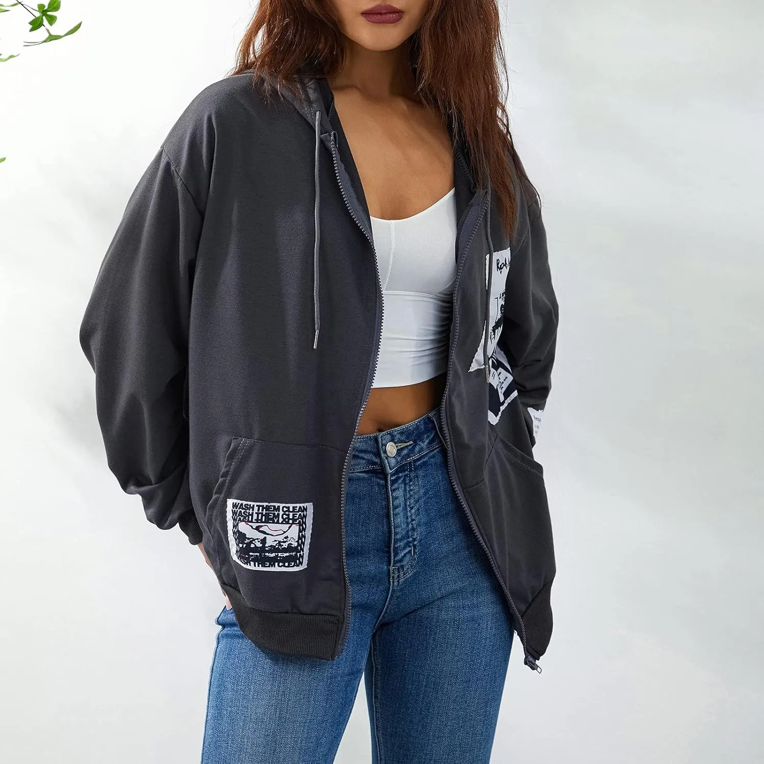 Women Zip Up Hoodie Gothic Graphic Long Sleeve Oversized Hooded Sweatshirt Hip Hop Harajuku Jackets with Pocket