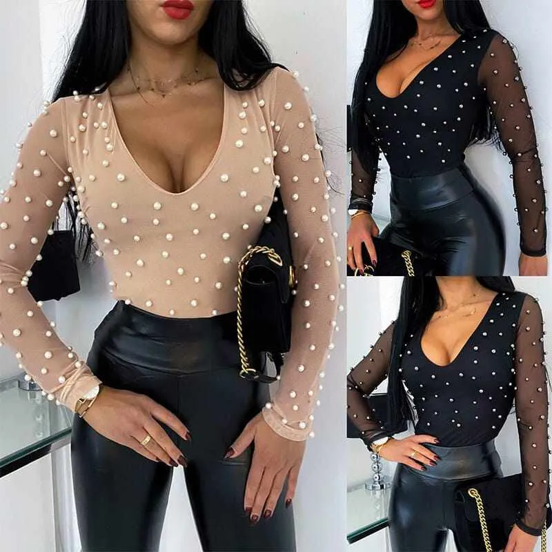 Women's Beaded Mesh Skinny Long Sleeve Tops