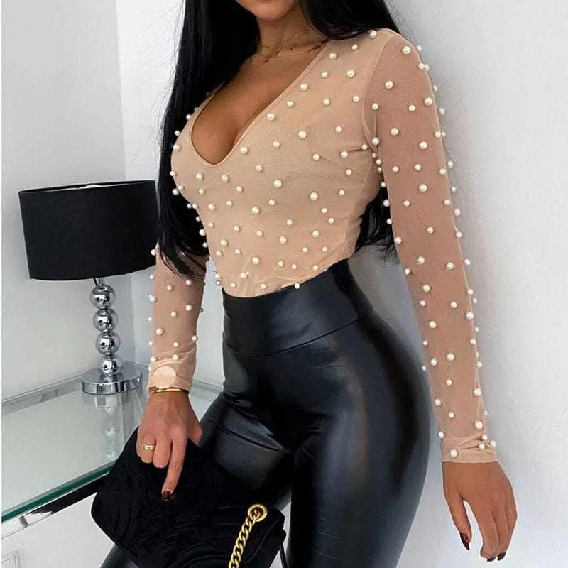 Women's Beaded Mesh Skinny Long Sleeve Tops