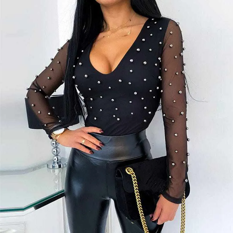 Women's Beaded Mesh Skinny Long Sleeve Tops