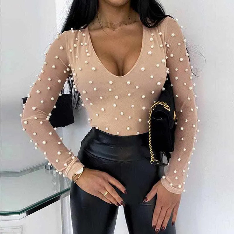 Women's Beaded Mesh Skinny Long Sleeve Tops
