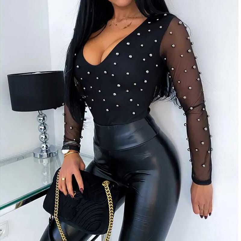 Women's Beaded Mesh Skinny Long Sleeve Tops