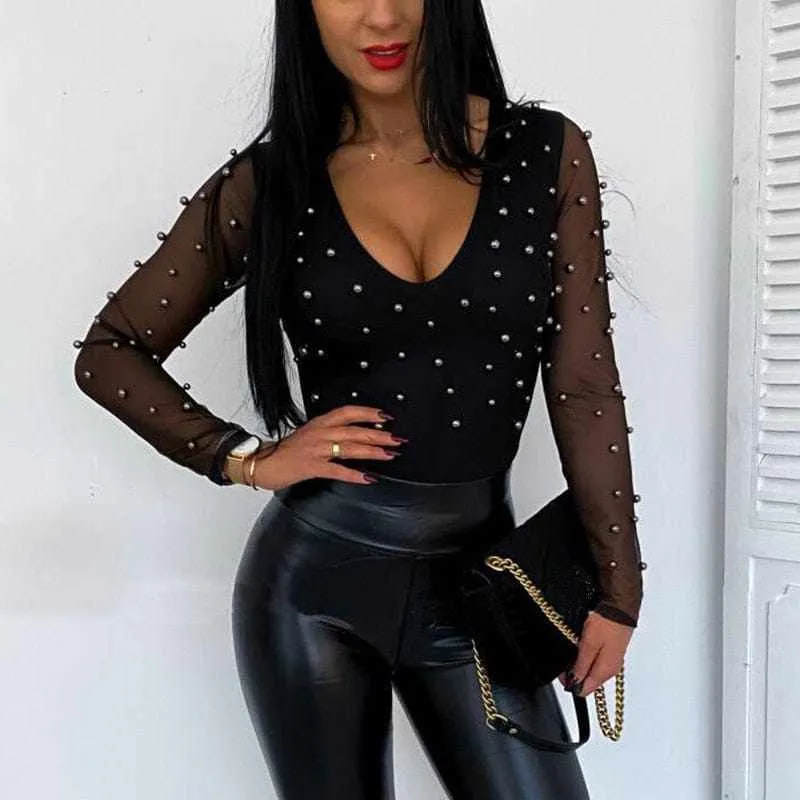 Women's Beaded Mesh Skinny Long Sleeve Tops