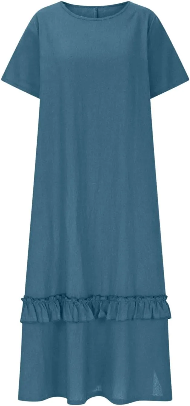 Womens Boho Floral Flowy Midi Dresses Casual Loose Summer Short Sleeve Beach Dress with Pockets Side Slit Spring Clothes 2025