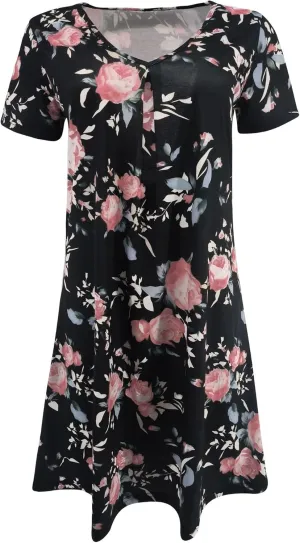 Womens Boho Floral Printed Dresses Summer Casual Short Sleeve V Neck Loose Fit Mini Dress Going Out Beach Wear