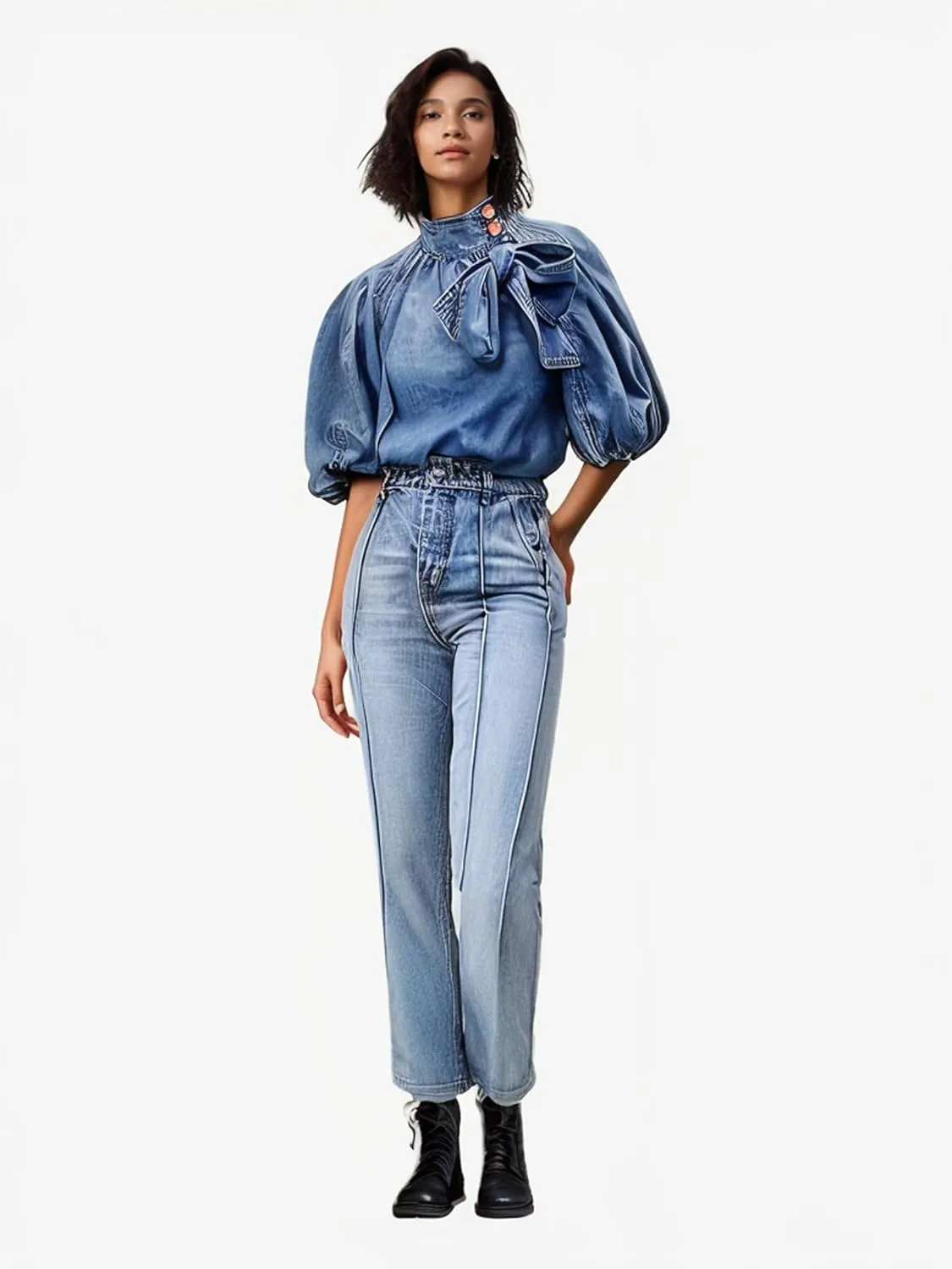 Women's Bow Design Denim Pullover Top Button Up High Neck Fashionable Jacket with Elastic and Puff Sleeves