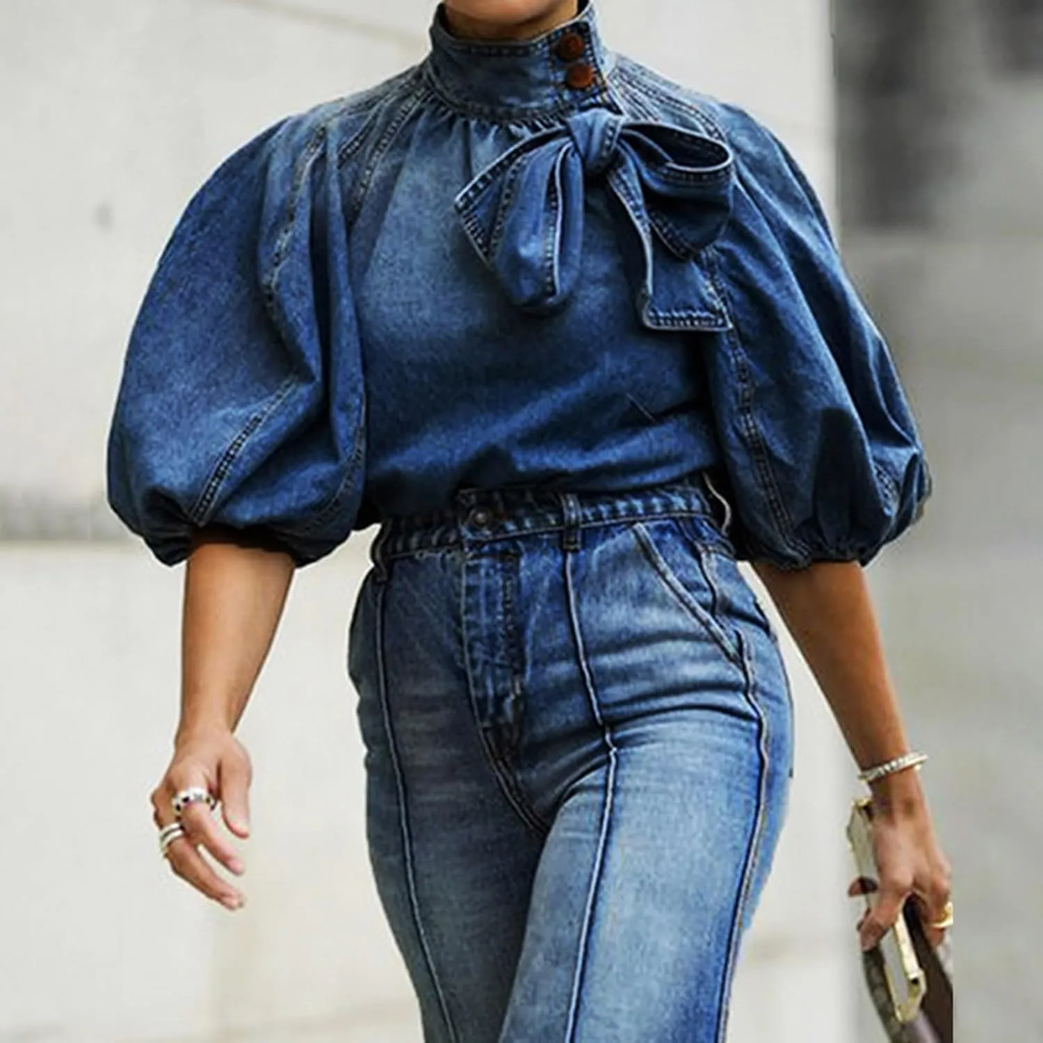 Women's Bow Design Denim Pullover Top Button Up High Neck Fashionable Jacket with Elastic and Puff Sleeves
