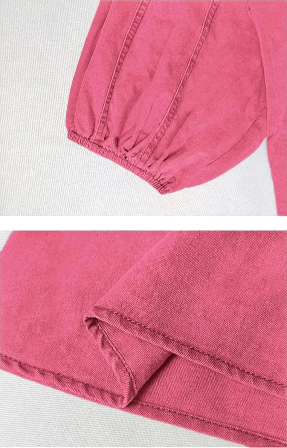 Women's Bow Design Denim Pullover Top Button Up High Neck Fashionable Jacket with Elastic and Puff Sleeves