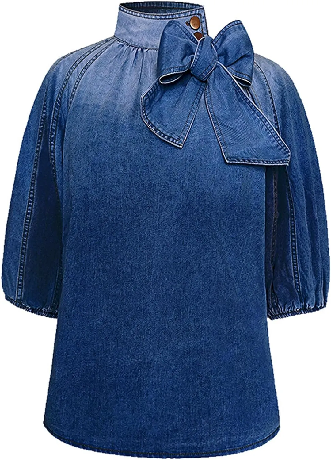 Women's Bow Design Denim Pullover Top Button Up High Neck Fashionable Jacket with Elastic and Puff Sleeves