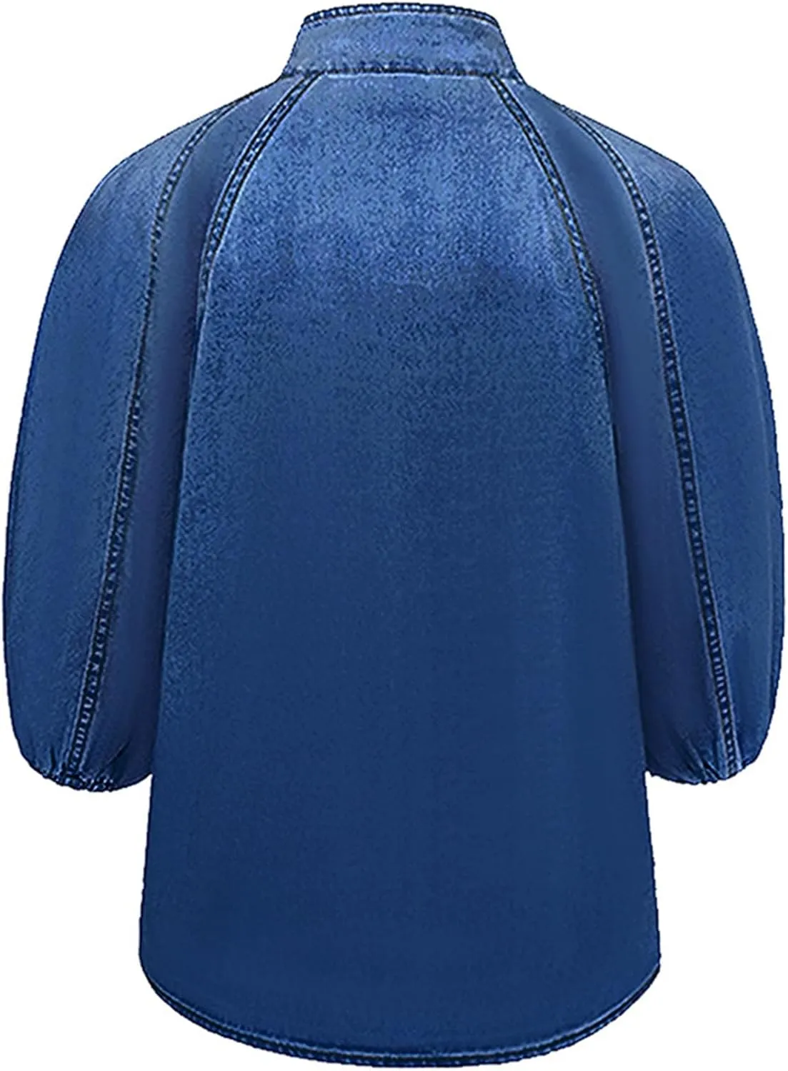 Women's Bow Design Denim Pullover Top Button Up High Neck Fashionable Jacket with Elastic and Puff Sleeves