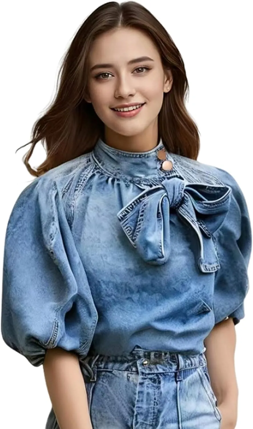 Women's Bow Design Denim Pullover Top Button Up High Neck Fashionable Jacket with Elastic and Puff Sleeves