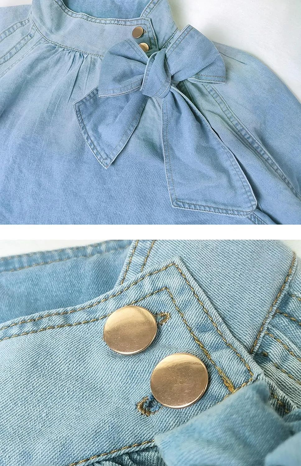 Women's Bow Design Denim Pullover Top Button Up High Neck Fashionable Jacket with Elastic and Puff Sleeves