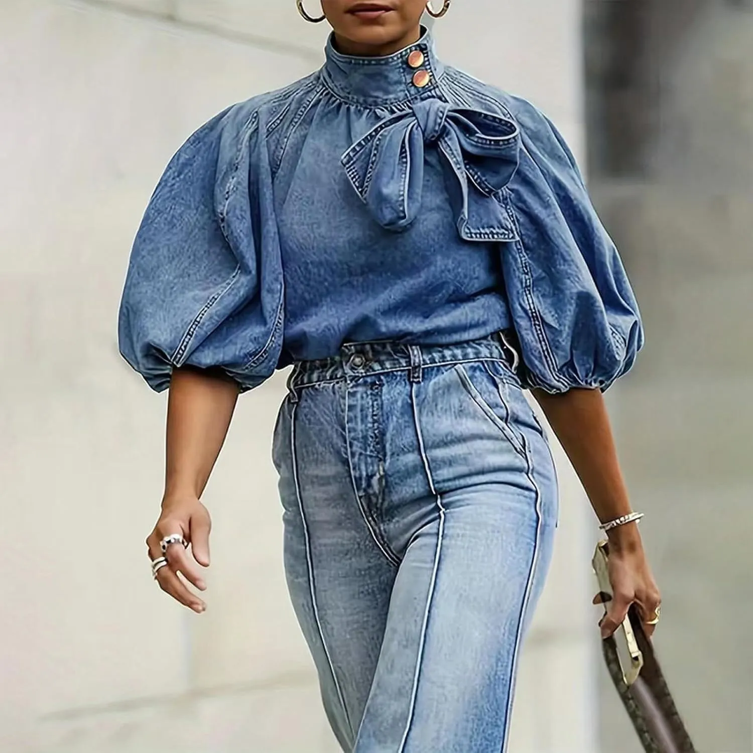 Women's Bow Design Denim Pullover Top Button Up High Neck Fashionable Jacket with Elastic and Puff Sleeves