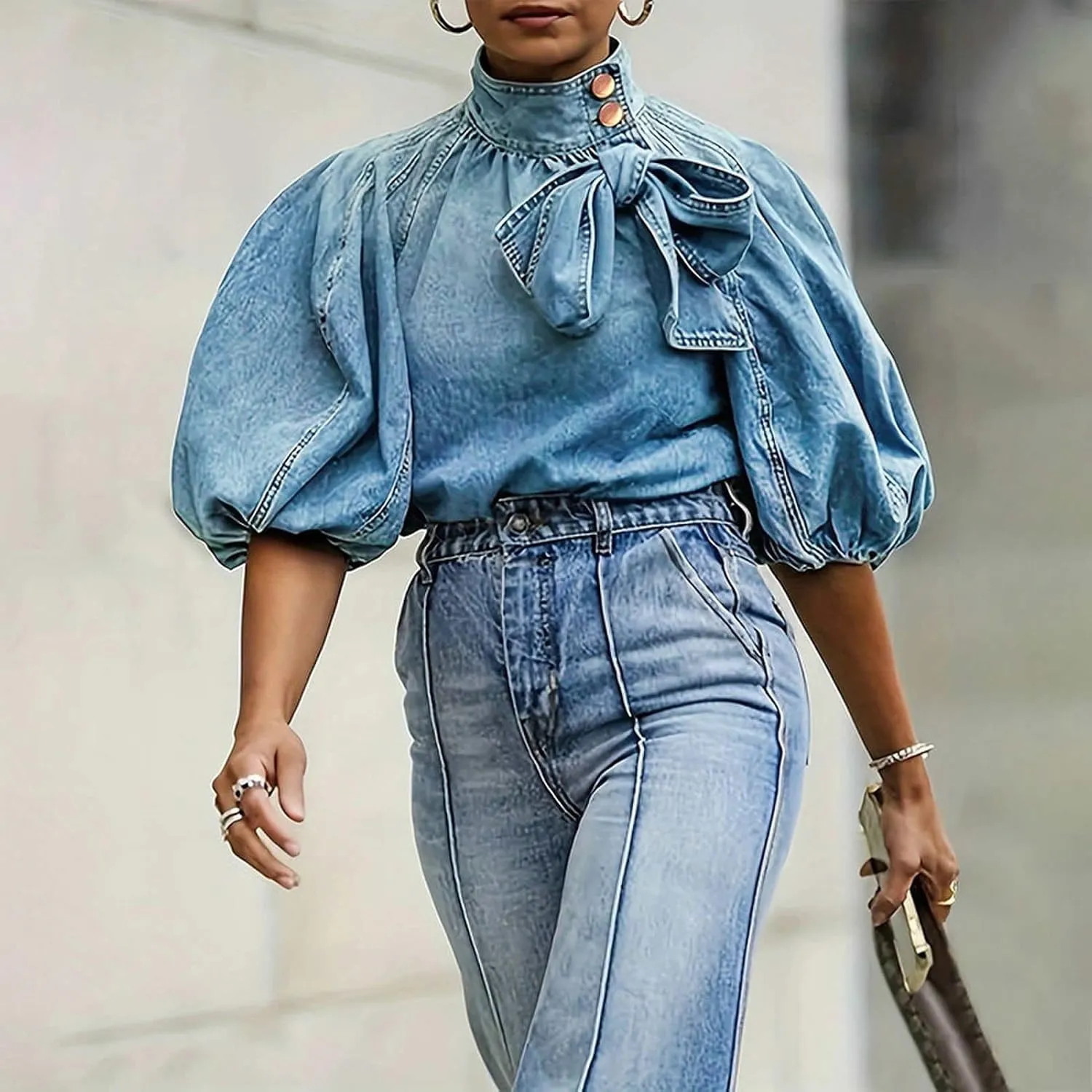 Women's Bow Design Denim Pullover Top Button Up High Neck Fashionable Jacket with Elastic and Puff Sleeves