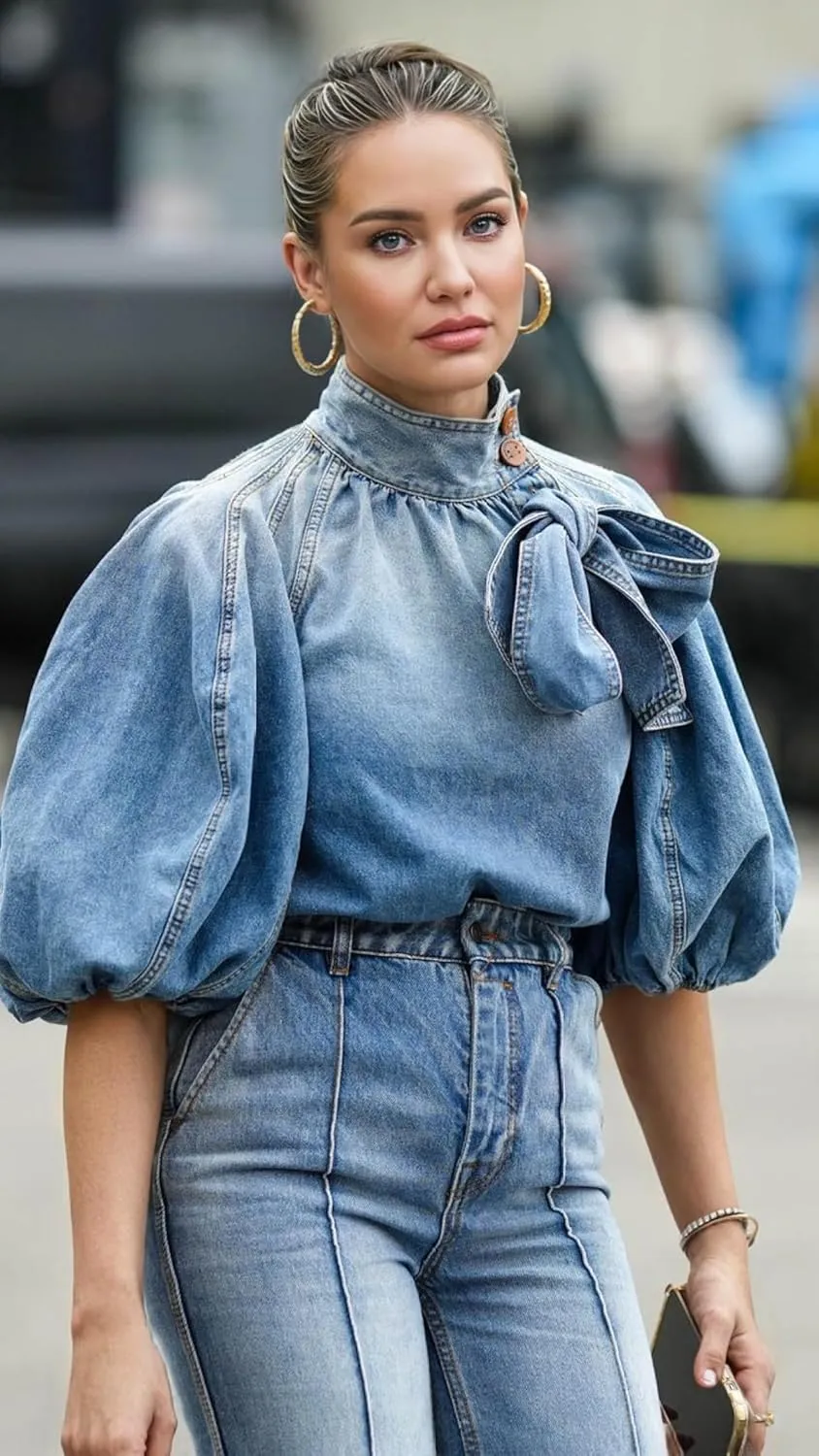 Women's Bow Design Denim Pullover Top Button Up High Neck Fashionable Jacket with Elastic and Puff Sleeves