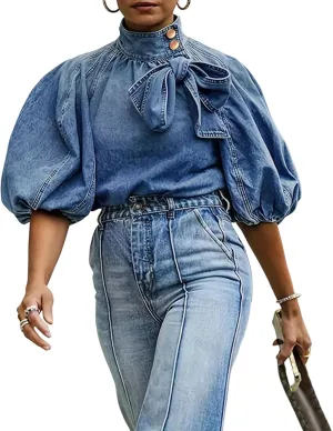 Women's Bow Design Denim Pullover Top Button Up High Neck Fashionable Jacket with Elastic and Puff Sleeves
