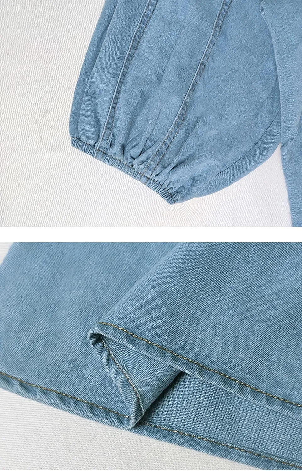Women's Bow Design Denim Pullover Top Button Up High Neck Fashionable Jacket with Elastic and Puff Sleeves