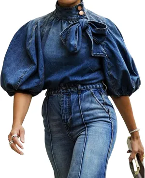 Women's Bow Design Denim Pullover Top Button Up High Neck Fashionable Jacket with Elastic and Puff Sleeves