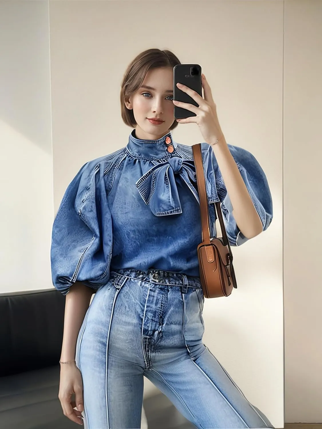 Women's Bow Design Denim Pullover Top Button Up High Neck Fashionable Jacket with Elastic and Puff Sleeves