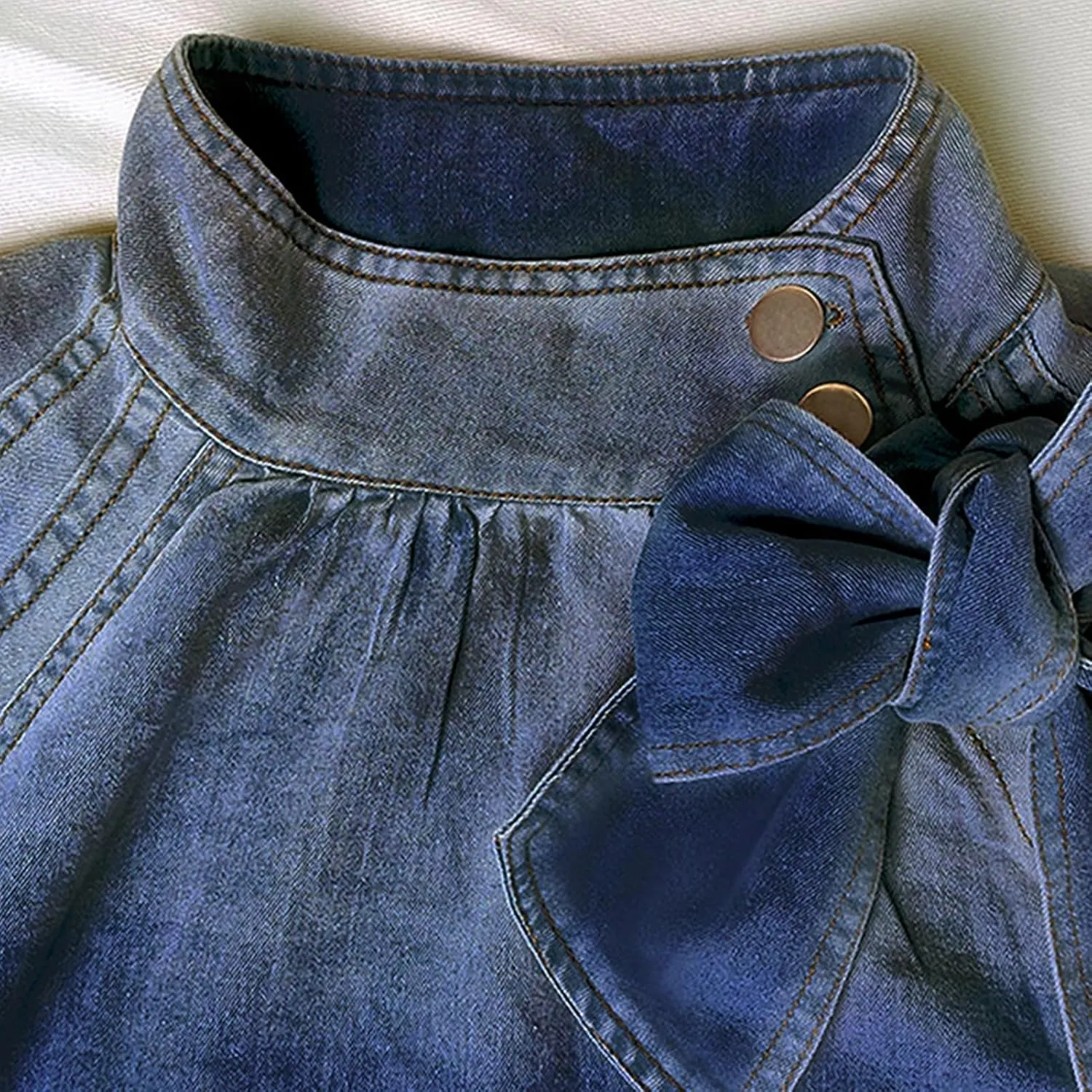 Women's Bow Design Denim Pullover Top Button Up High Neck Fashionable Jacket with Elastic and Puff Sleeves