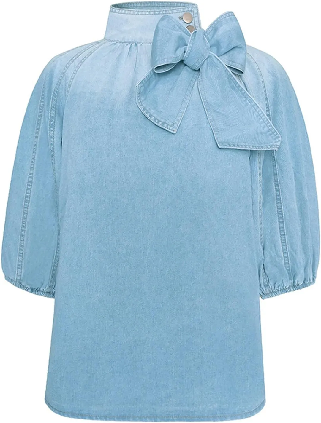 Women's Bow Design Denim Pullover Top Button Up High Neck Fashionable Jacket with Elastic and Puff Sleeves