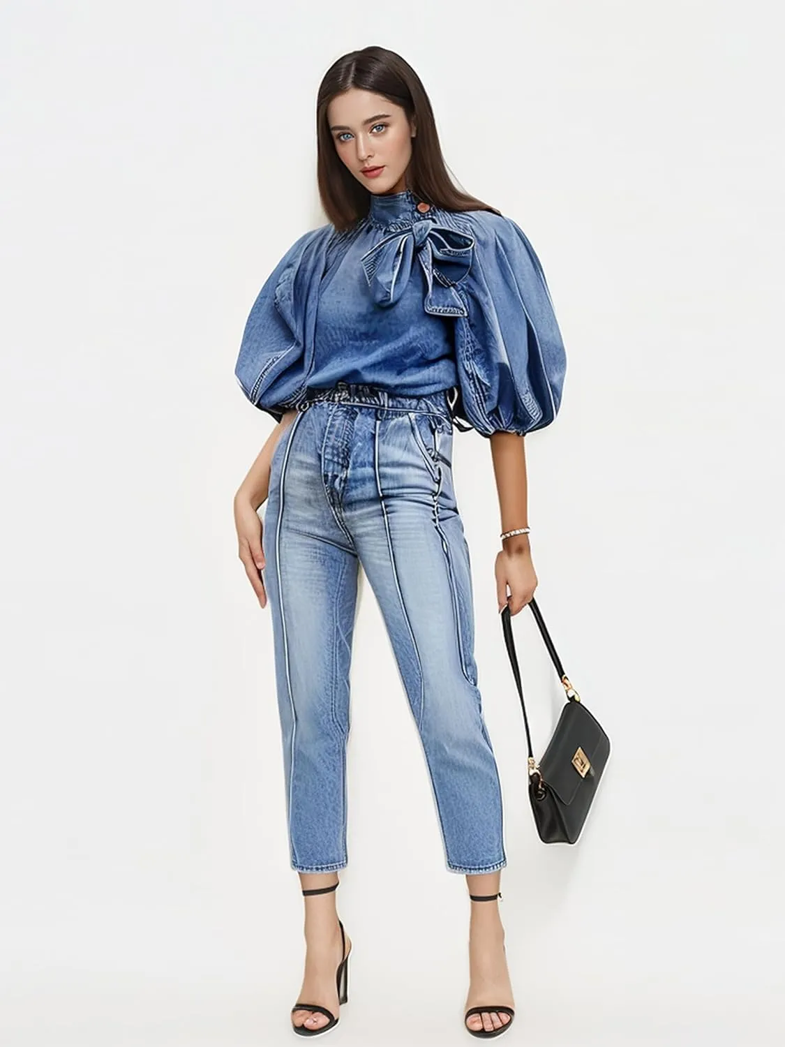 Women's Bow Design Denim Pullover Top Button Up High Neck Fashionable Jacket with Elastic and Puff Sleeves
