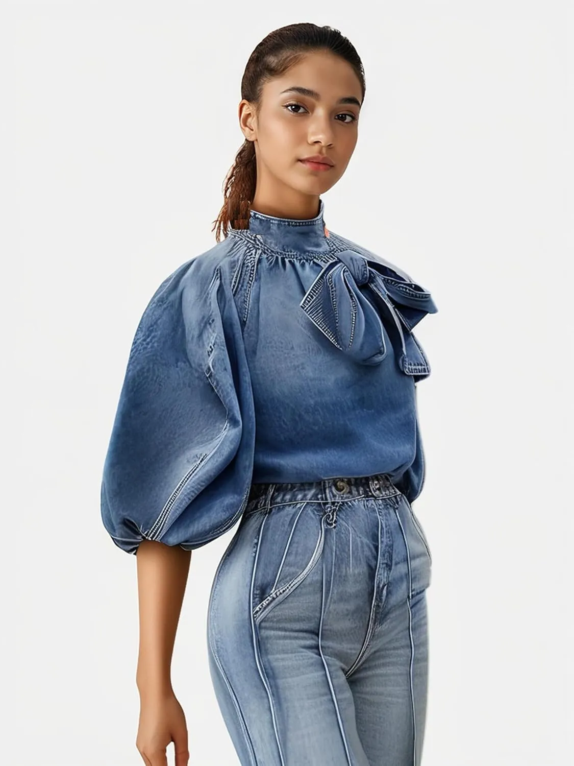 Women's Bow Design Denim Pullover Top Button Up High Neck Fashionable Jacket with Elastic and Puff Sleeves