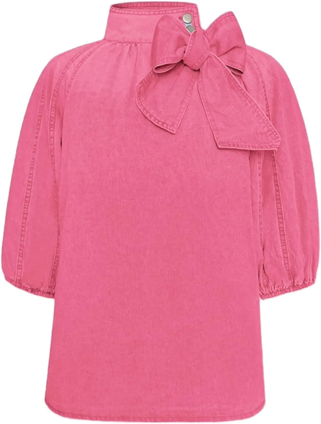 Women's Bow Design Denim Pullover Top Button Up High Neck Fashionable Jacket with Elastic and Puff Sleeves