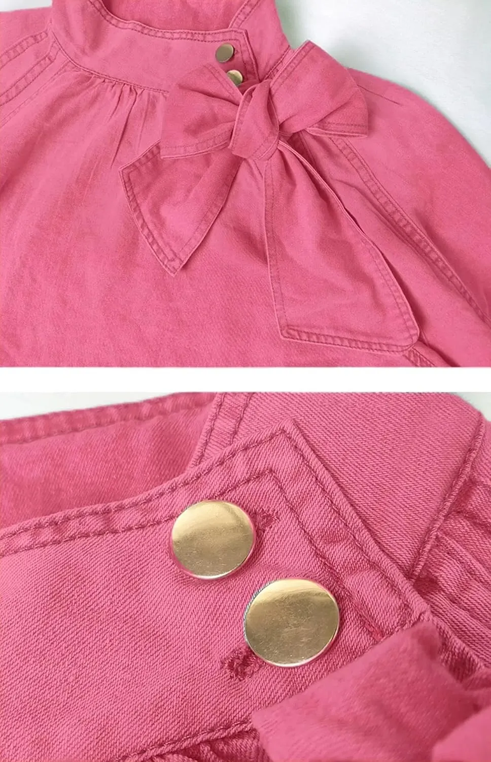 Women's Bow Design Denim Pullover Top Button Up High Neck Fashionable Jacket with Elastic and Puff Sleeves