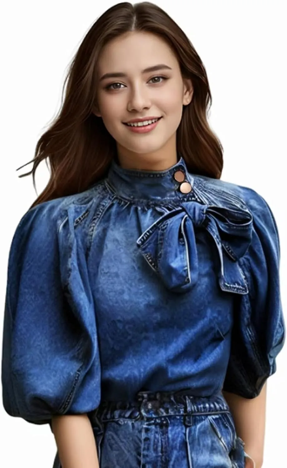 Women's Bow Design Denim Pullover Top Button Up High Neck Fashionable Jacket with Elastic and Puff Sleeves