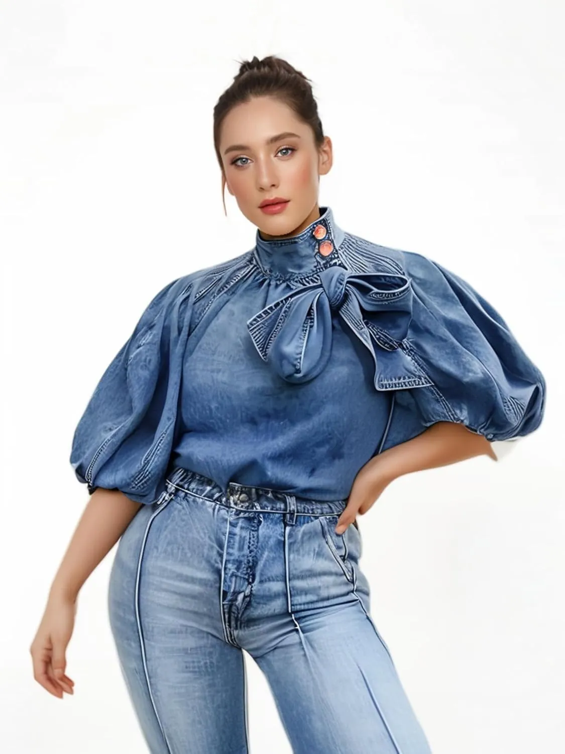 Women's Bow Design Denim Pullover Top Button Up High Neck Fashionable Jacket with Elastic and Puff Sleeves