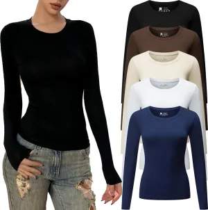Women's Casual Basic Crop Tops Y2K Slim Fit Long Sleeve Crew Neck Tight Fall T Shirts 5packs 2024