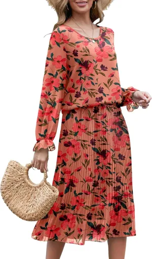 Womens Casual Midi Dress Long Sleeve Floral Chiffon A Line Flowy Beach Vacation Dresses