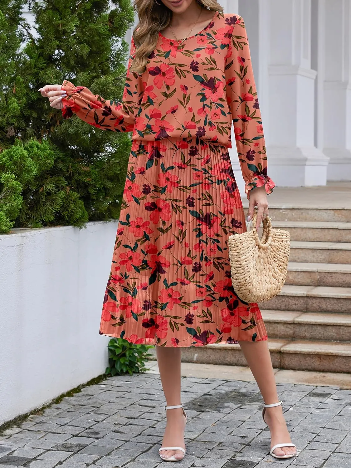 Womens Casual Midi Dress Long Sleeve Floral Chiffon A Line Flowy Beach Vacation Dresses