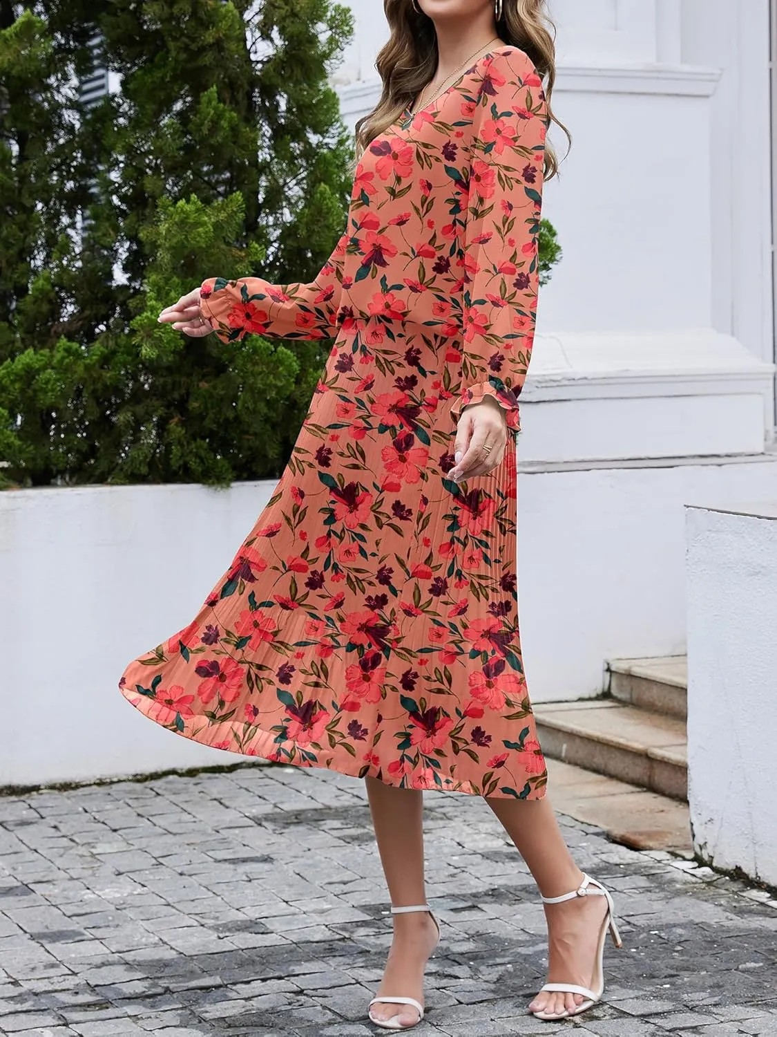 Womens Casual Midi Dress Long Sleeve Floral Chiffon A Line Flowy Beach Vacation Dresses