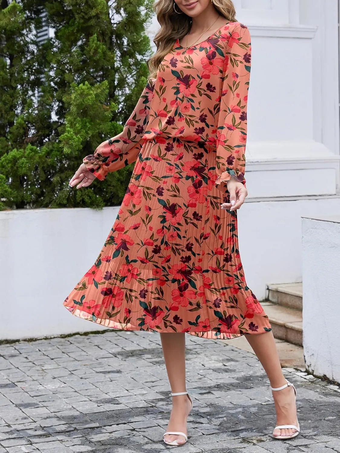 Womens Casual Midi Dress Long Sleeve Floral Chiffon A Line Flowy Beach Vacation Dresses