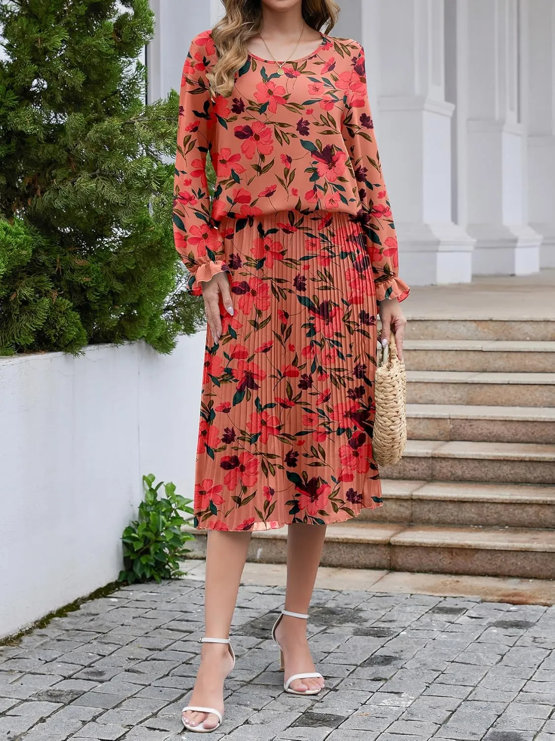 Womens Casual Midi Dress Long Sleeve Floral Chiffon A Line Flowy Beach Vacation Dresses