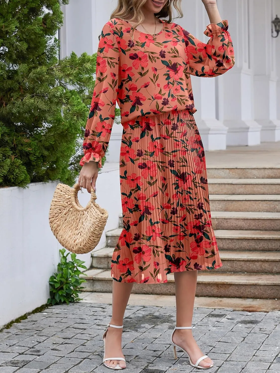 Womens Casual Midi Dress Long Sleeve Floral Chiffon A Line Flowy Beach Vacation Dresses