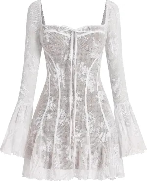 Women's Corset Dress Long Sleeve Sexy Short Y2k Low Cut Lace Mini Dresses Vintage A-Line Cocktail Party Sundress