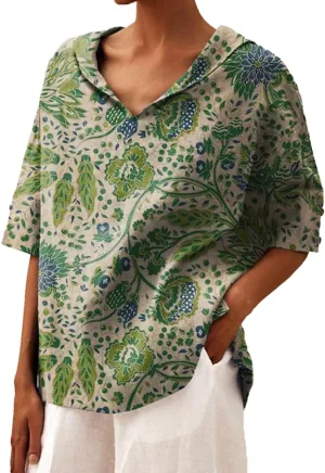 Women's Cotton Linen Shirts Summer V Neck Short Sleeve Shirt with Hood Casual Loose Fit Beach Workout Tops 2025