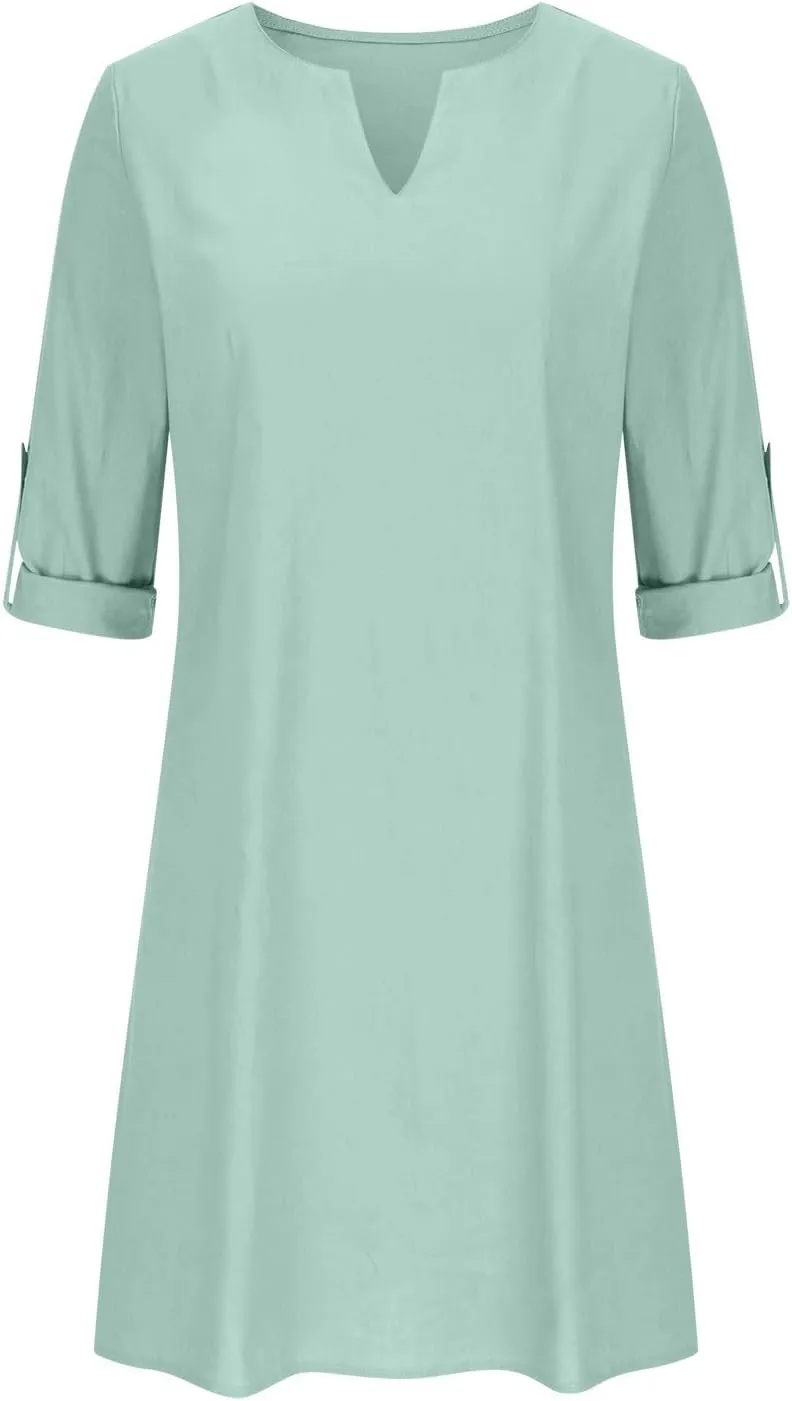 Womens Dresses Casual Loose Fit Cotton Linen Notch V Neck Mini Dress Summer Long Sleeve Going Out Dress for Ladies