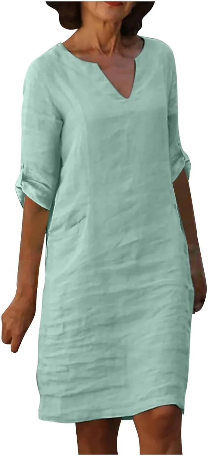 Womens Dresses Casual Loose Fit Cotton Linen Notch V Neck Mini Dress Summer Long Sleeve Going Out Dress for Ladies